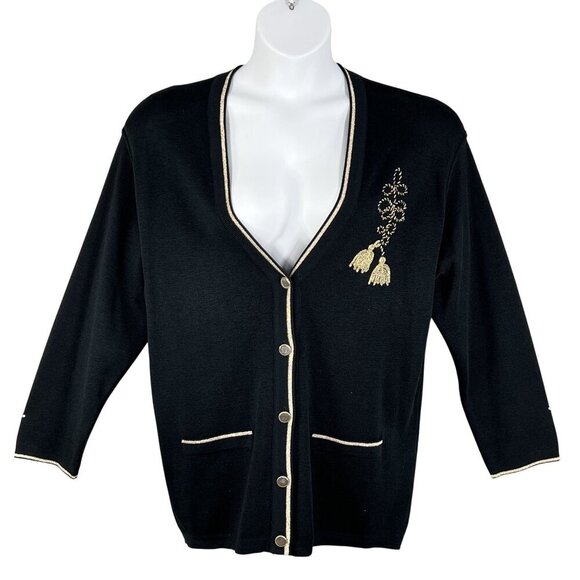 Talbots Womens XL Black Wool Cardigan Gold Embroidery Italy Made Button Up Artsy - Picture 1 of 16
